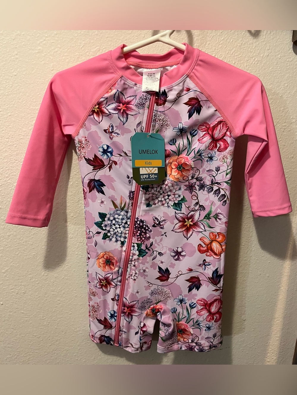 NWT Kids Pink Floral UPF 50+ Front-Zip Rashguard Swimsuit